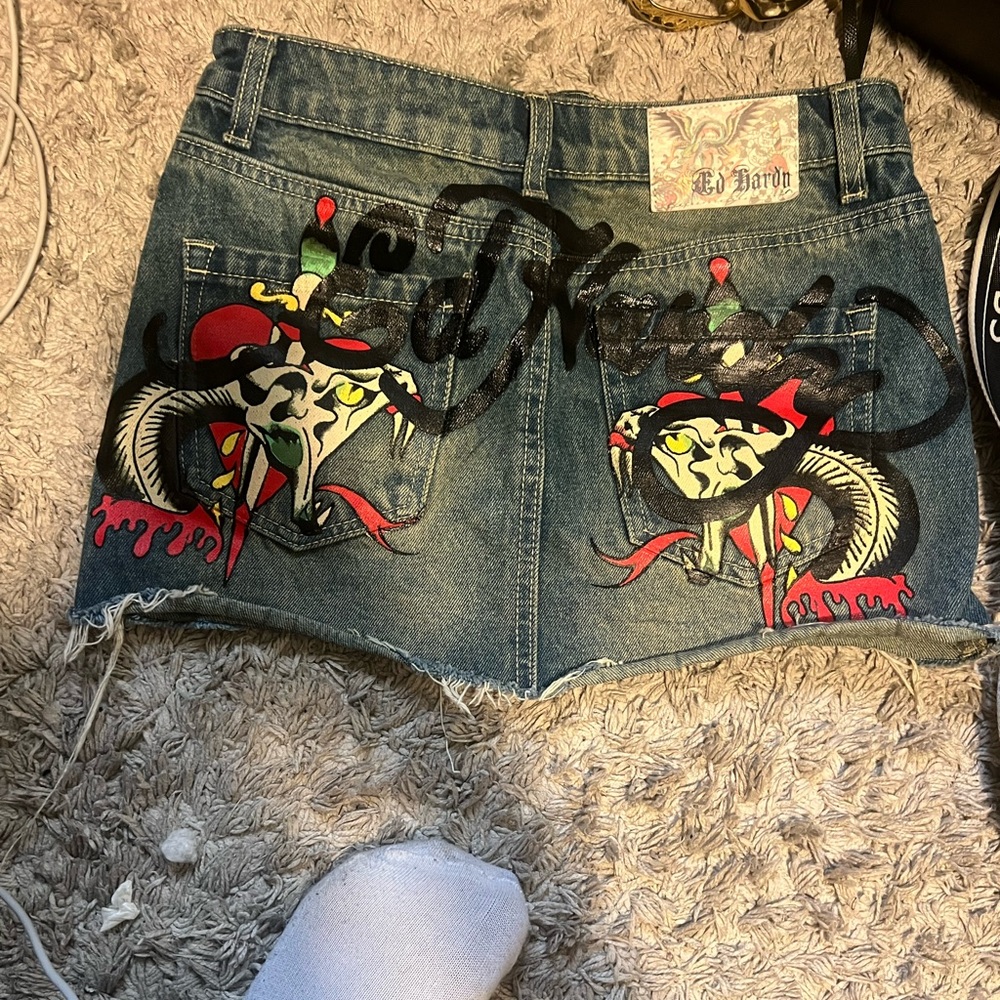 Ed Hardy Denim Jacket with Tattoo Print Lining - Blue and Beige